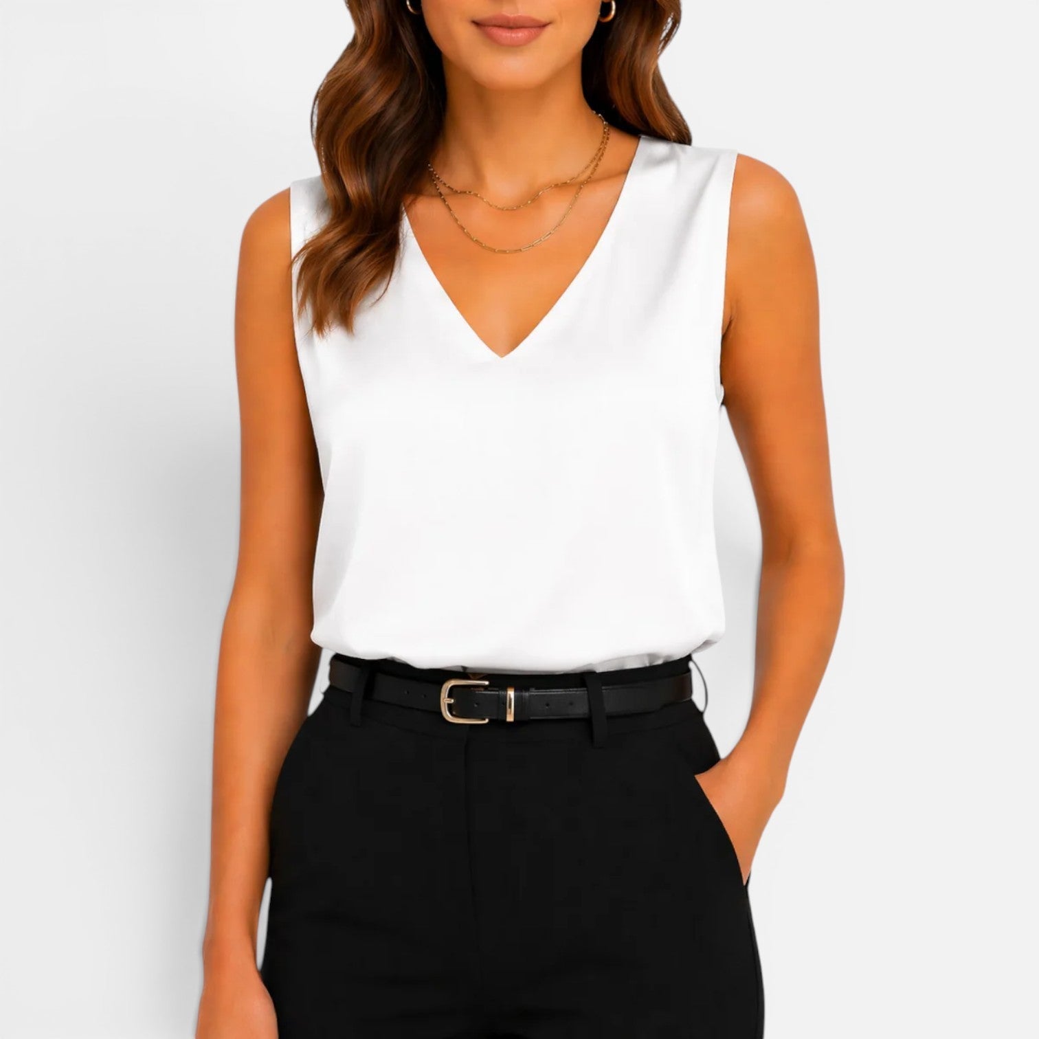 Maison Straver | Women’s Satin Blouse Sleeveless V Neck Silky Top