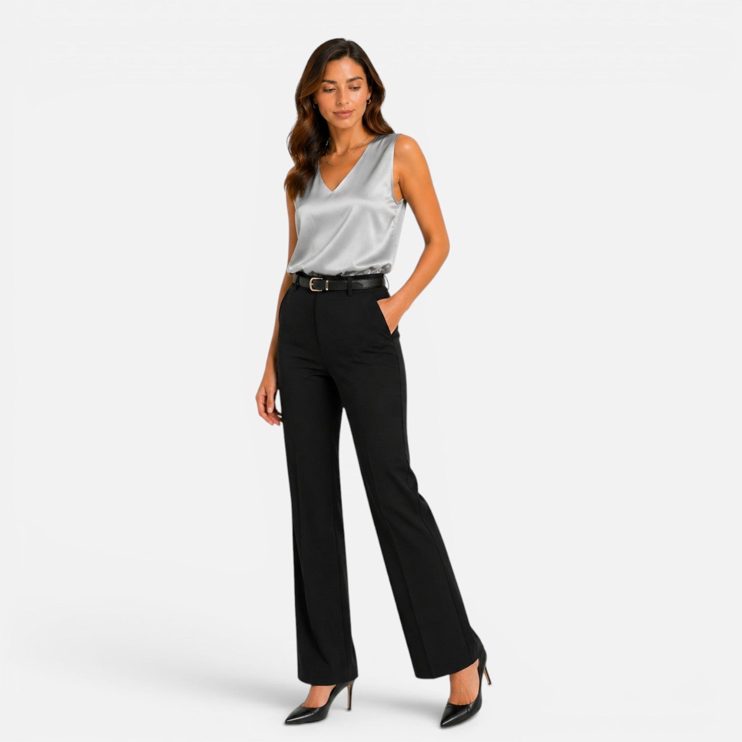 Maison Straver | Women’s Satin Blouse Sleeveless V Neck Silky Top