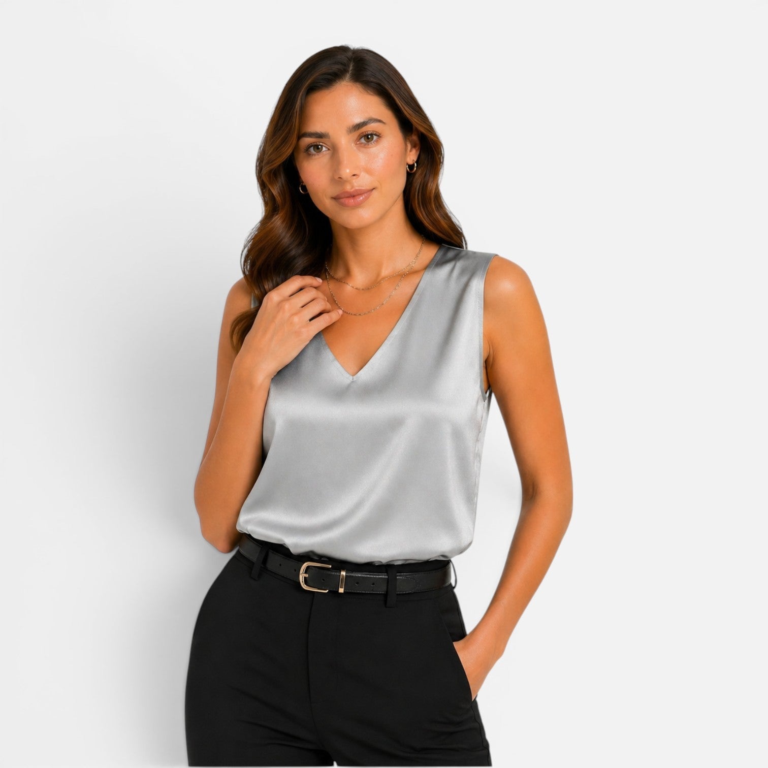 Maison Straver | Women’s Satin Blouse Sleeveless V Neck Silky Top