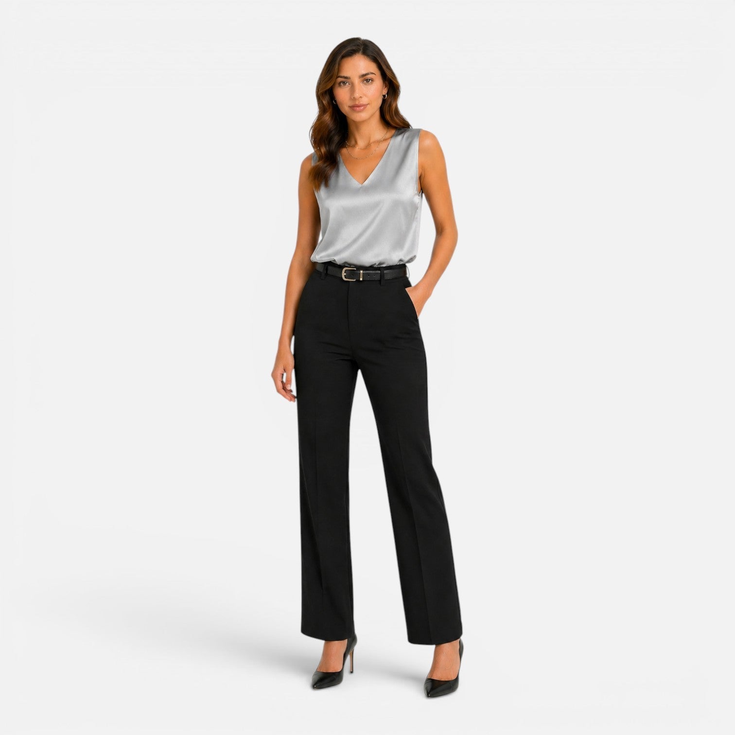 Maison Straver | Women’s Satin Blouse Sleeveless V Neck Silky Top