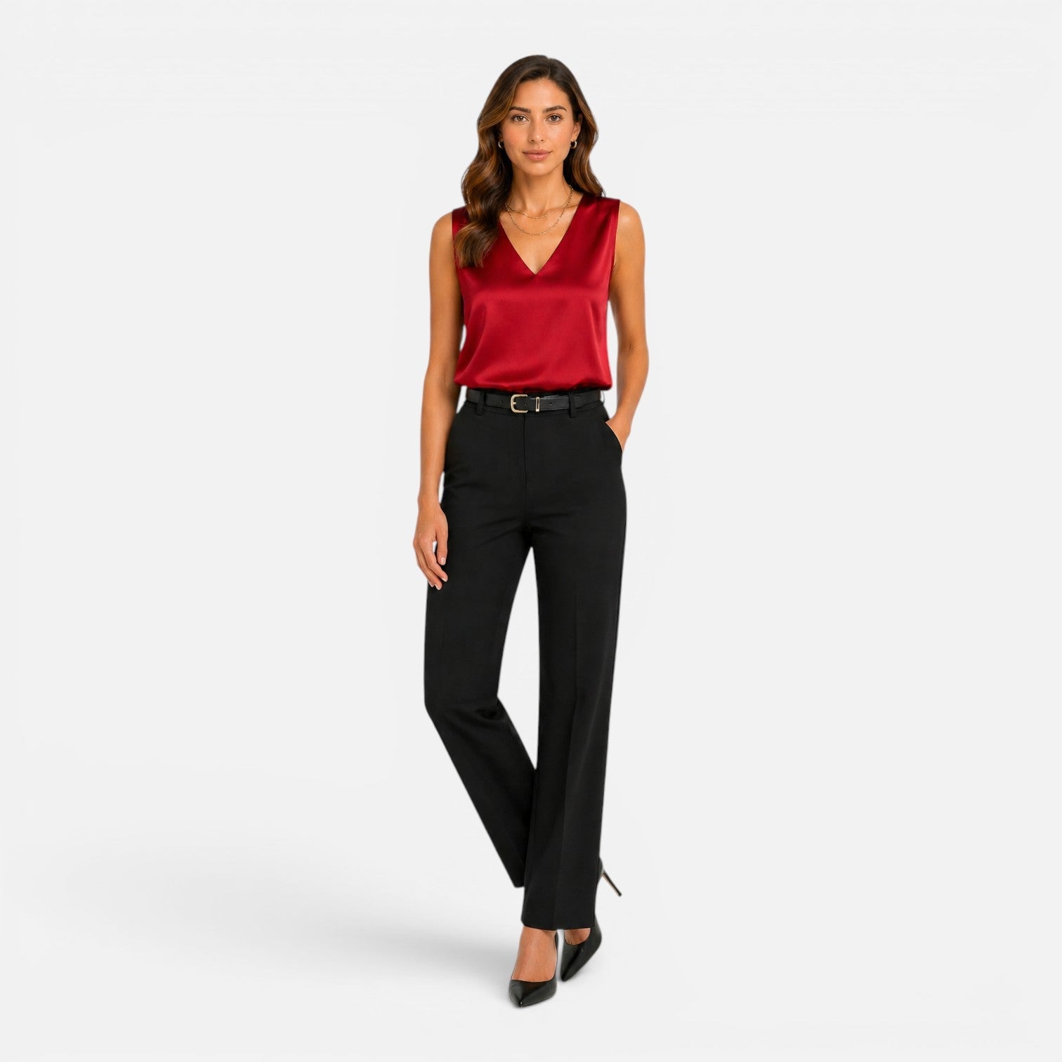 Maison Straver | Women’s Satin Blouse Sleeveless V Neck Silky Top