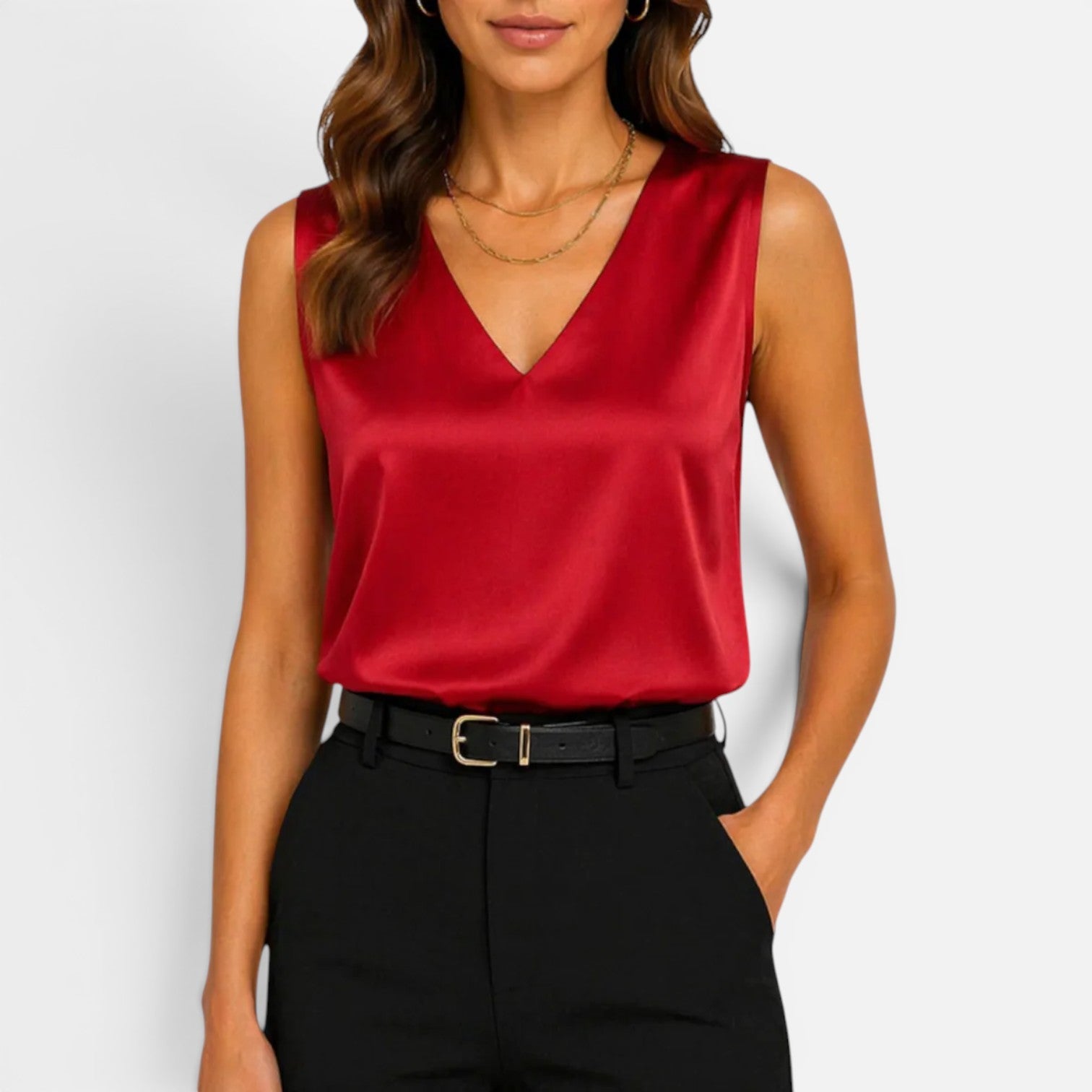 Maison Straver | Women’s Satin Blouse Sleeveless V Neck Silky Top