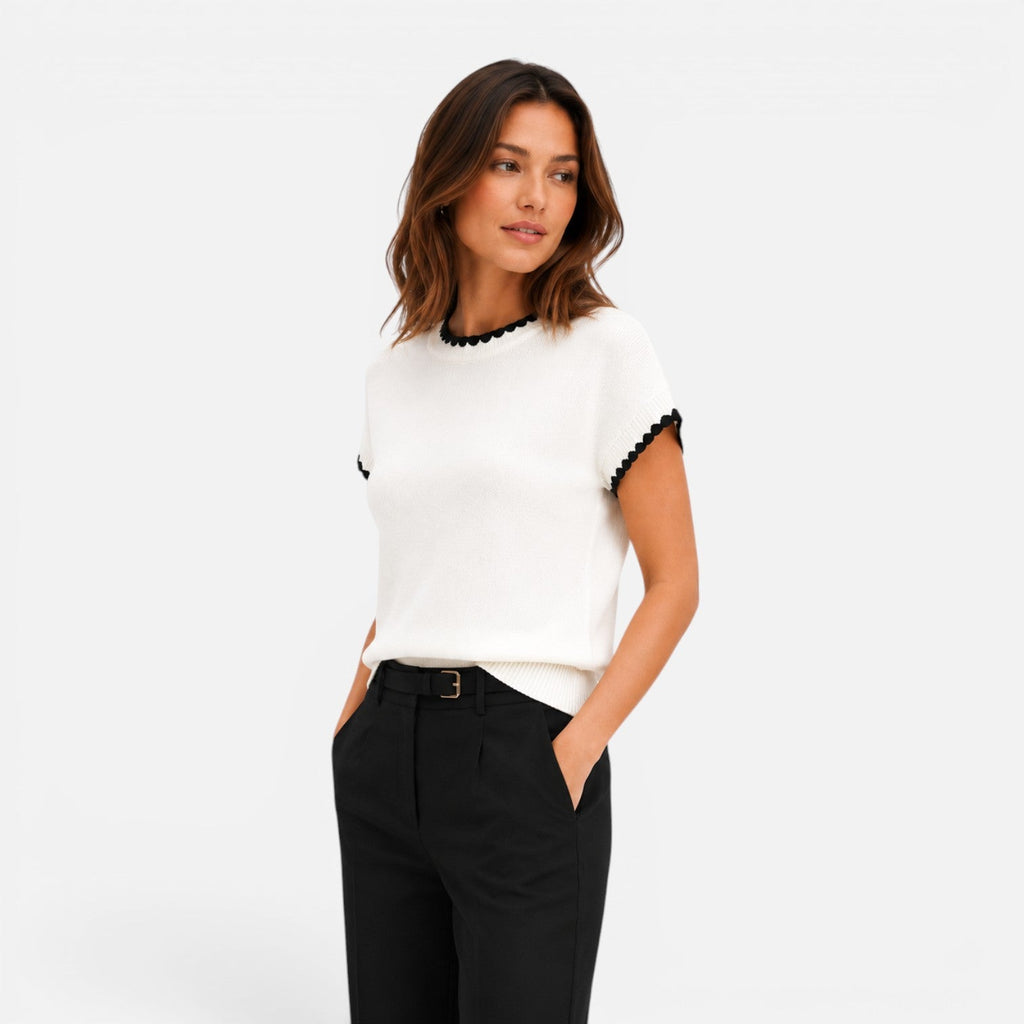 Women's Contrast Trim Knit Top Short Sleeve Relaxed Fit