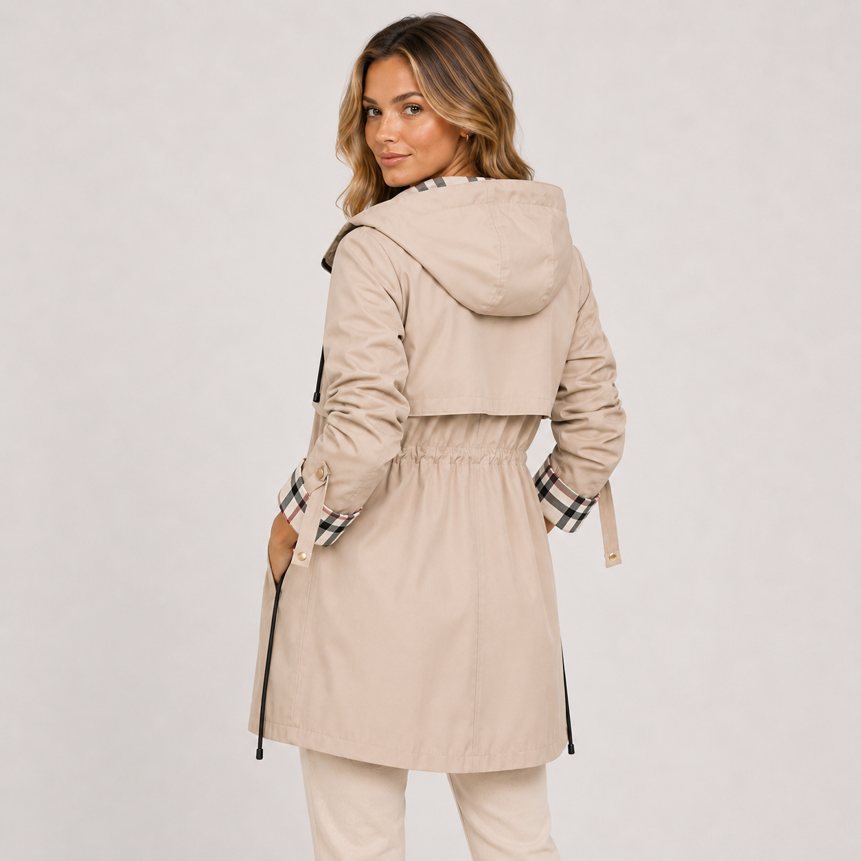 Women’s Hooded Long Jacket Warm Adjustable Waist
