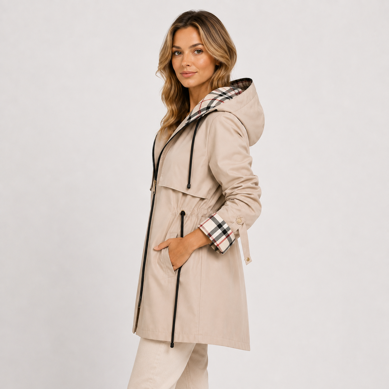 Women’s Hooded Long Jacket Warm Adjustable Waist