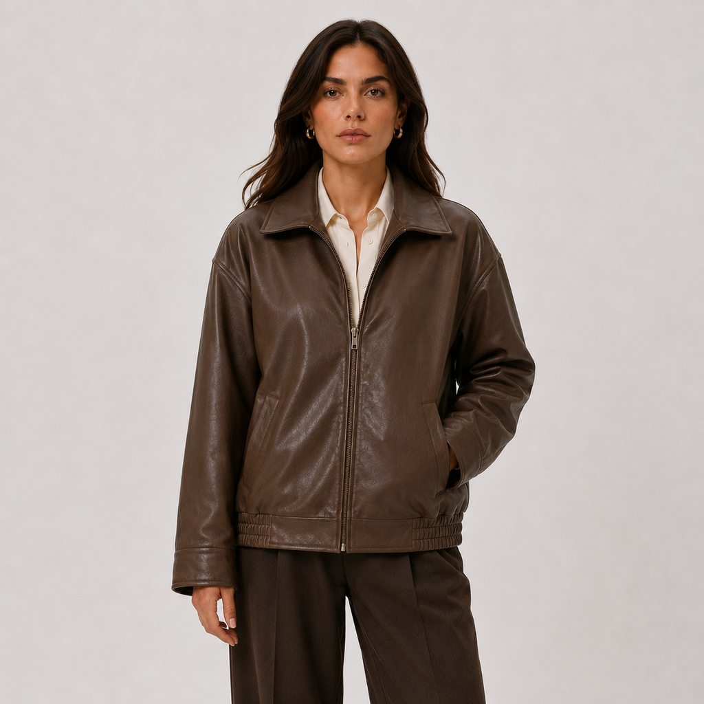 Women's Relaxed Fit Leather Look Jacket with Classic Collar