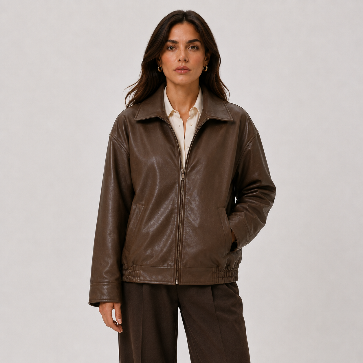 Women's Relaxed Fit Leather Look Jacket with Classic Collar