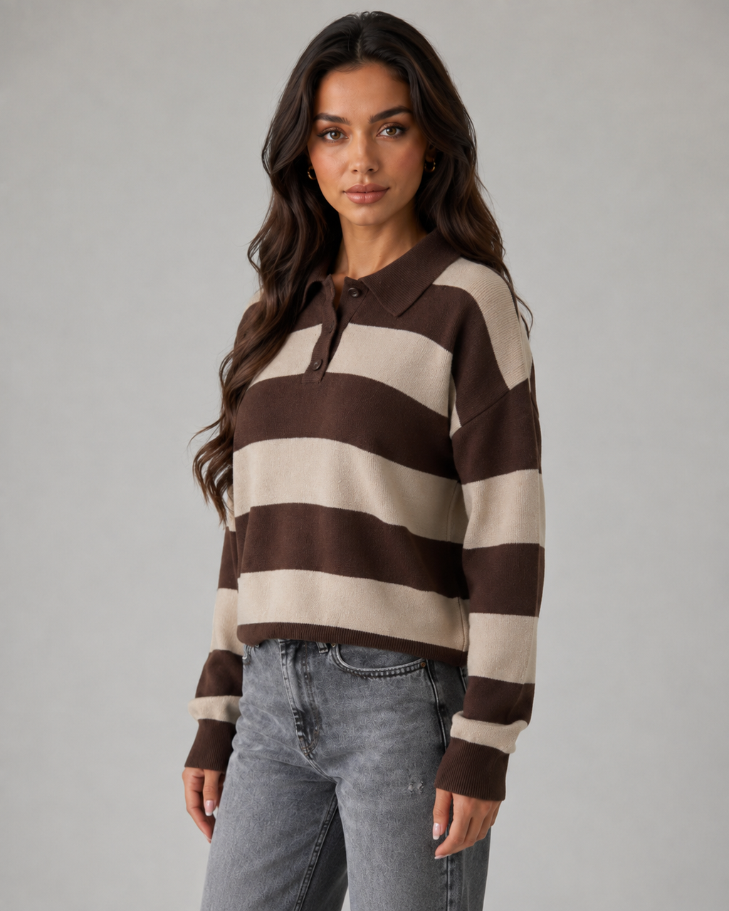 Women's Rugby Stripe Polo Sweater - Relaxed Long Sleeve Fit