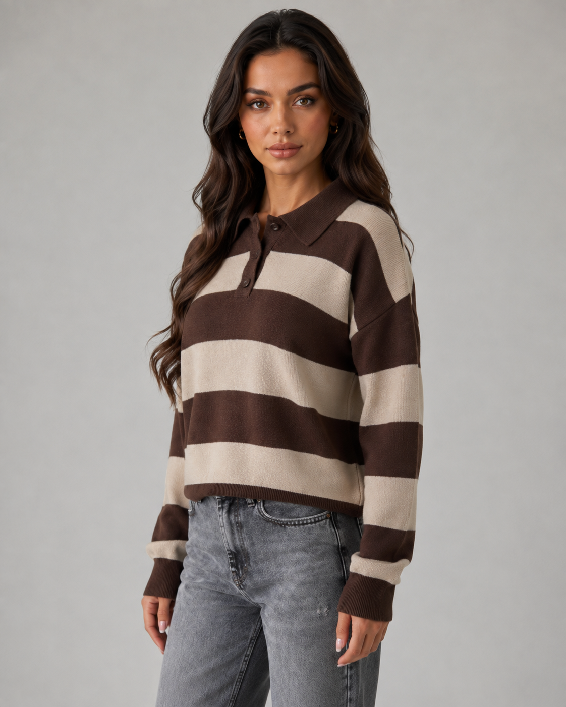 Women's Rugby Stripe Polo Sweater - Relaxed Long Sleeve Fit