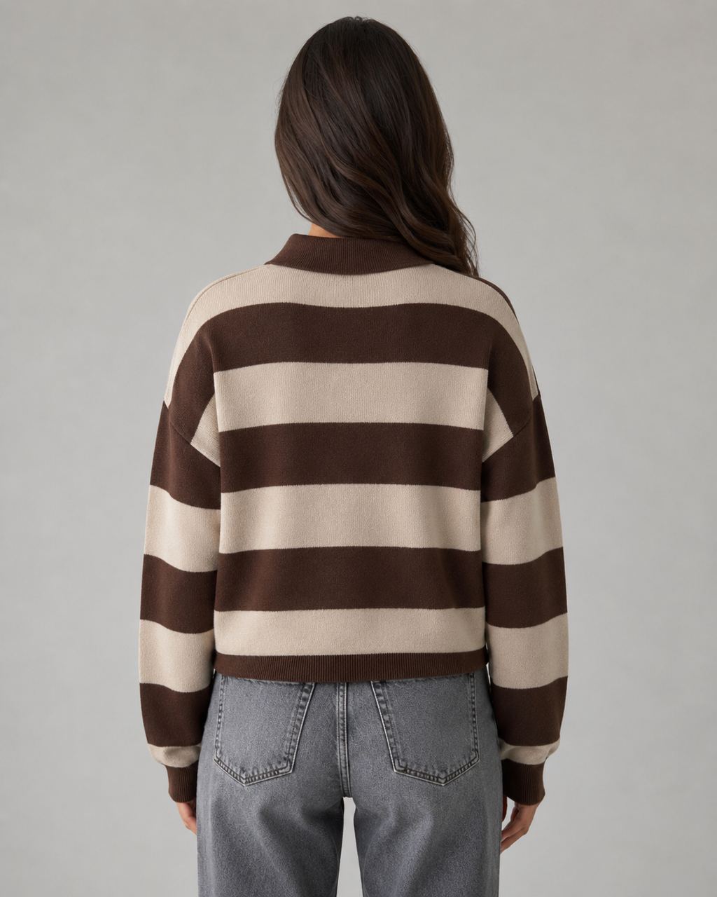 Women's Rugby Stripe Polo Sweater - Relaxed Long Sleeve Fit