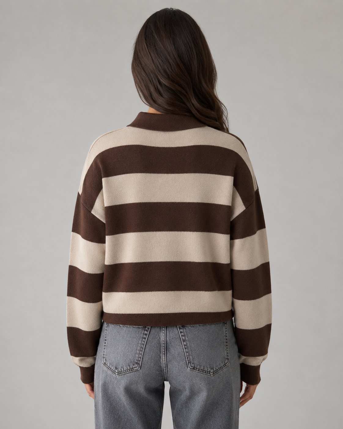 Women's Rugby Stripe Polo Sweater - Relaxed Long Sleeve Fit