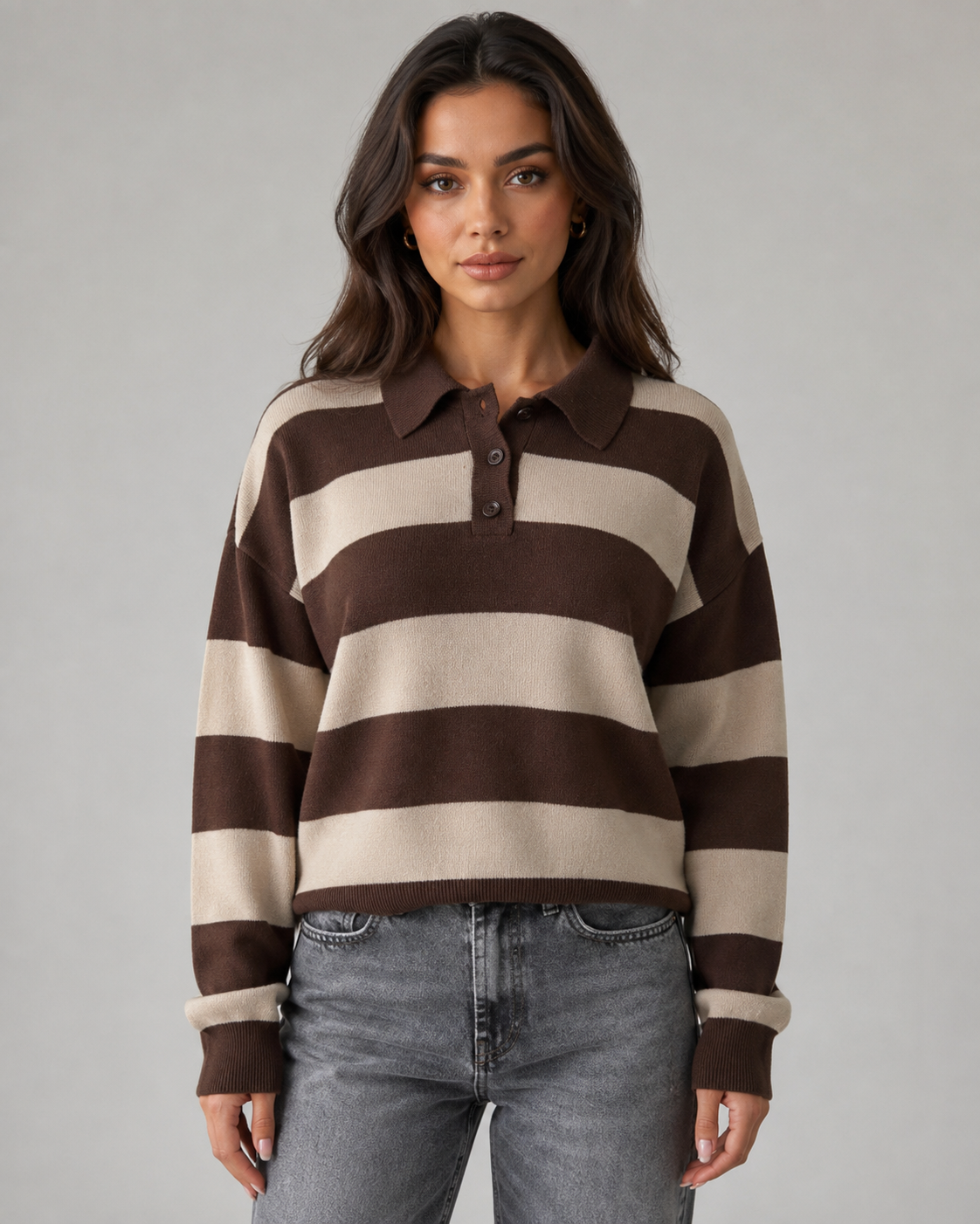 Women's Rugby Stripe Polo Sweater - Relaxed Long Sleeve Fit